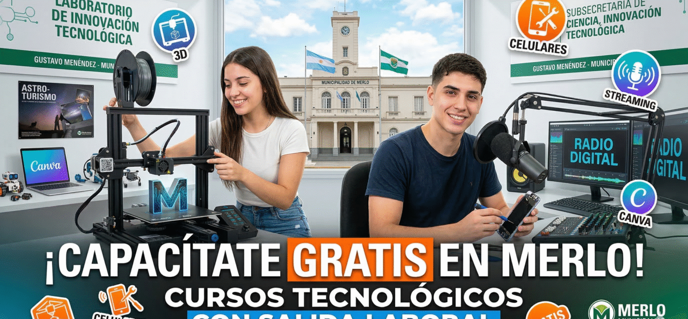 Jóvenes capacitándose en los nuevos cursos tecnológicos gratuitos con salida laboral en Merlo gestión Gustavo Menéndez