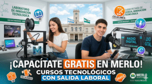 Jóvenes capacitándose en los nuevos cursos tecnológicos gratuitos con salida laboral en Merlo gestión Gustavo Menéndez