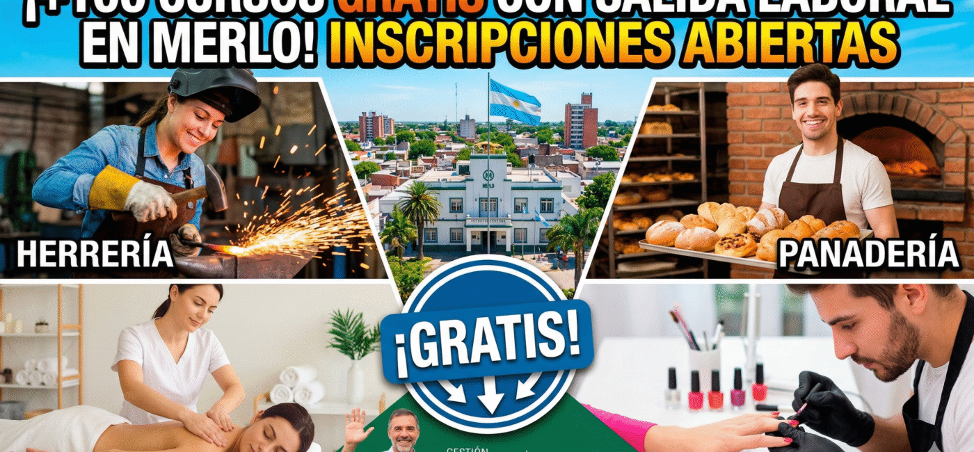Cursos gratuitos con salida laboral en Merlo, gestión Intendente Gustavo Menéndez. Infografía de talleres de herrería, panadería, masoterapia y manicuría en la Escuela Municipal de Artes y Oficios.