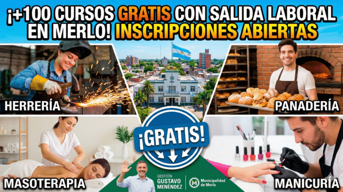 Cursos gratuitos con salida laboral en Merlo, gestión Intendente Gustavo Menéndez. Infografía de talleres de herrería, panadería, masoterapia y manicuría en la Escuela Municipal de Artes y Oficios.