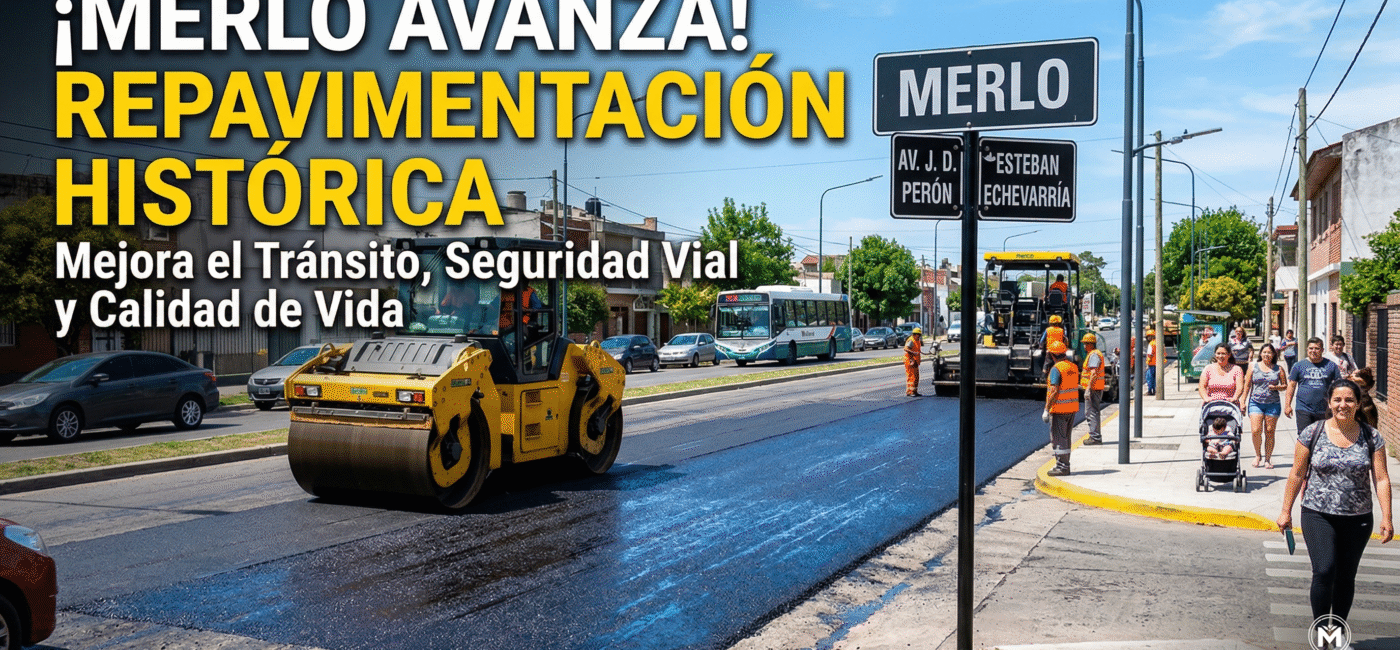 Obras de repavimentación en Merlo: maquinaria asfaltando la intersección de Avenida Perón y Esteban Echeverría para mejorar el tránsito y la seguridad vial de los vecinos.