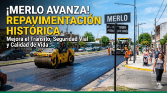 Obras de repavimentación en Merlo: maquinaria asfaltando la intersección de Avenida Perón y Esteban Echeverría para mejorar el tránsito y la seguridad vial de los vecinos.