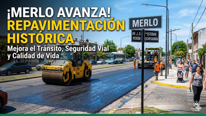 Obras de repavimentación en Merlo: maquinaria asfaltando la intersección de Avenida Perón y Esteban Echeverría para mejorar el tránsito y la seguridad vial de los vecinos.