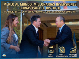Gustavo Menéndez y Roxana Monzón junto al Embajador de China Wang Wei acordando millonarias inversiones y obras para Merlo.