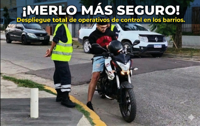 Operativo de seguridad vial y control de tránsito en los barrios de Merlo con agentes municipales y policía.
