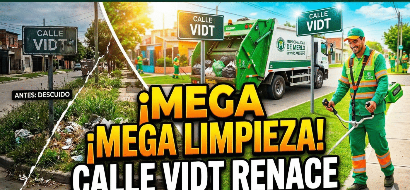 El increíble antes y después de la limpieza en la calle Vidt, Merlo. Megaoperativo de corte de pasto y recolección de residuos.