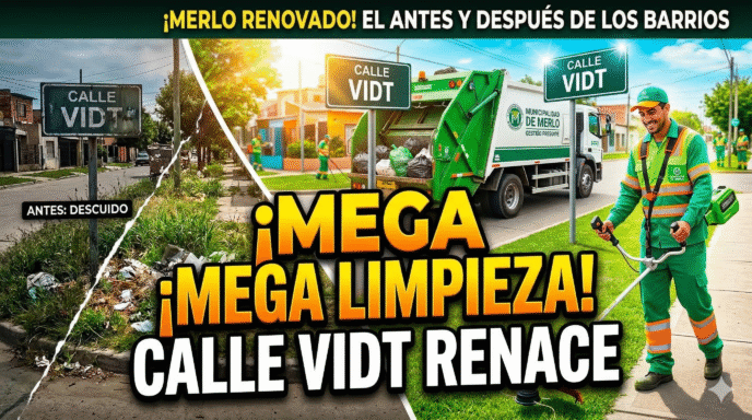 El increíble antes y después de la limpieza en la calle Vidt, Merlo. Megaoperativo de corte de pasto y recolección de residuos.