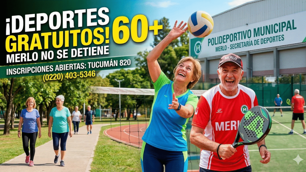 Adultos mayores de Merlo sonriendo y llenos de energía mientras practican deportes gratuitos como newcom y padel, impulsados por la gestión municipal.