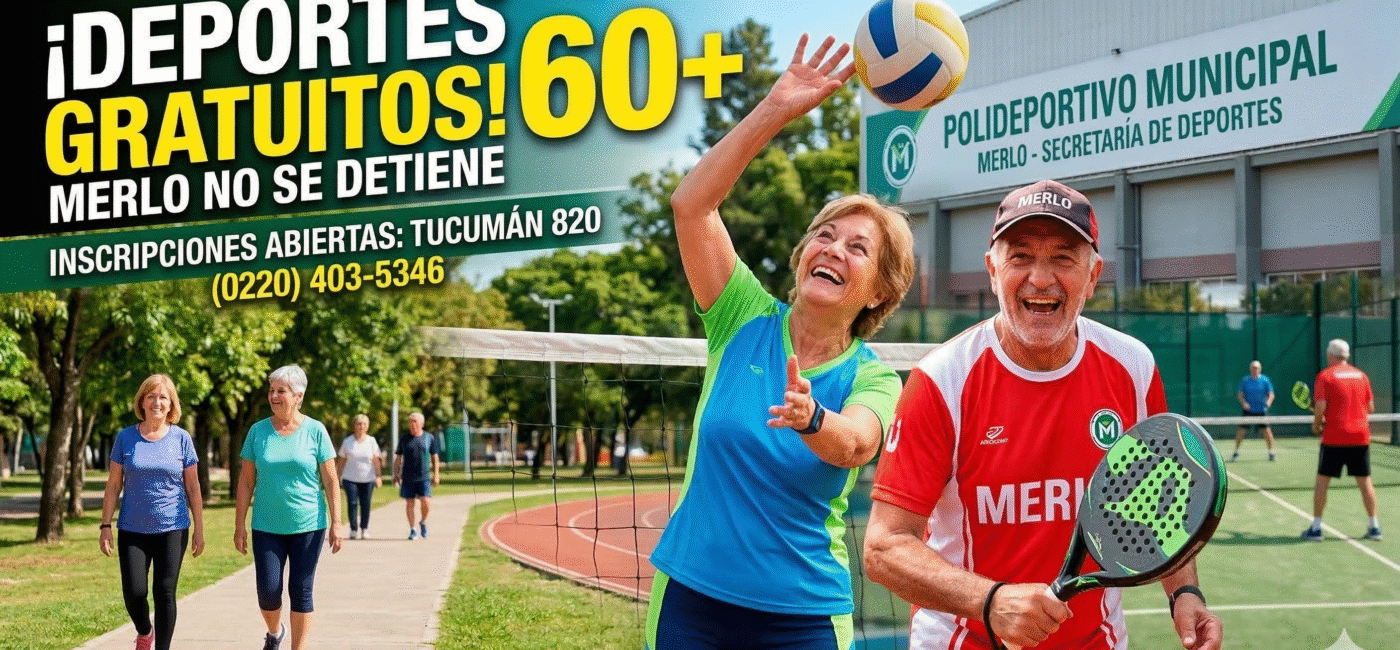 Adultos mayores de Merlo sonriendo y llenos de energía mientras practican deportes gratuitos como newcom y padel, impulsados por la gestión municipal.