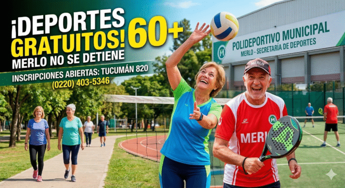 Adultos mayores de Merlo sonriendo y llenos de energía mientras practican deportes gratuitos como newcom y padel, impulsados por la gestión municipal.
