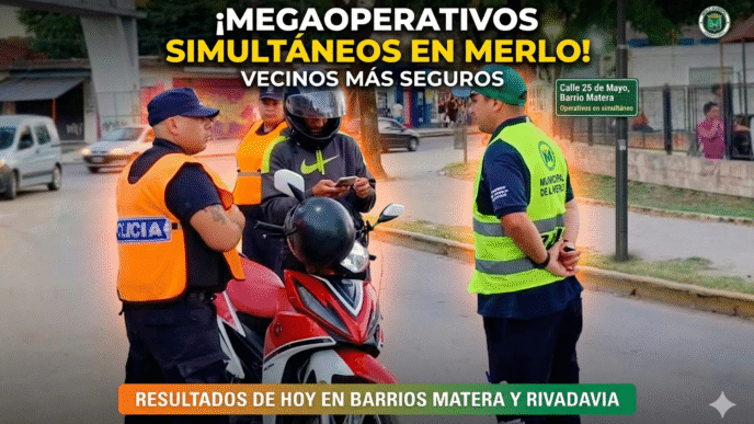 Operativo de control de tránsito y seguridad en Merlo, policía y agentes municipales controlando a un motociclista en la calle para prevención de delitos.