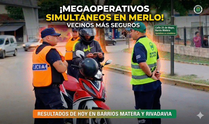 Operativo de control de tránsito y seguridad en Merlo, policía y agentes municipales controlando a un motociclista en la calle para prevención de delitos.