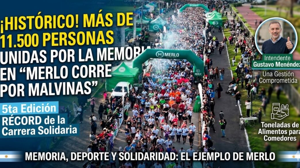 Multitud de personas participando en la carrera Merlo Corre por Malvinas 2026 en el Parque de la Unidad Nacional.