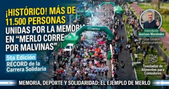 Multitud de personas participando en la carrera Merlo Corre por Malvinas 2026 en el Parque de la Unidad Nacional.