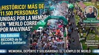 Multitud de personas participando en la carrera Merlo Corre por Malvinas 2026 en el Parque de la Unidad Nacional.