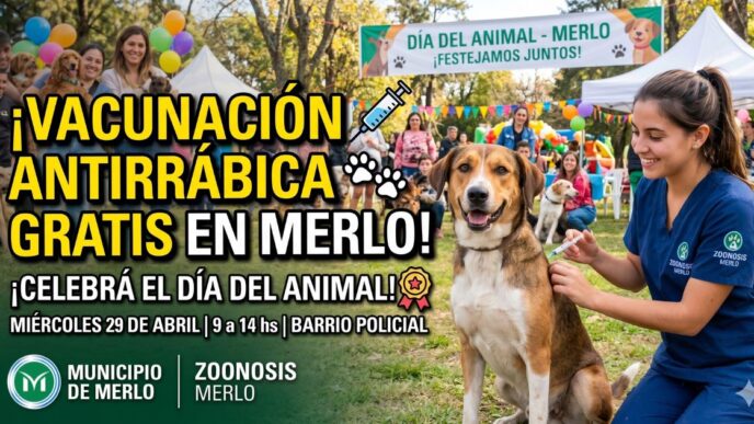 Imagen de un perro feliz recibiendo su vacuna antirrábica gratuita en la mega jornada de Zoonosis Merlo por el Día del Animal. ¡Cuidalos y unite a la campaña!