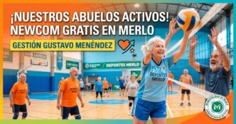 Abuelos felices jugando al Newcom y vóley adaptado en Merlo. Programa de deportes gratuitos para la tercera edad impulsado por el Intendente Gustavo Menéndez en el Club Laureles.