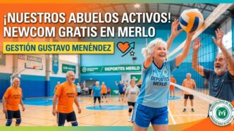 Abuelos felices jugando al Newcom y vóley adaptado en Merlo. Programa de deportes gratuitos para la tercera edad impulsado por el Intendente Gustavo Menéndez en el Club Laureles.