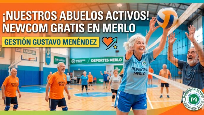 Abuelos felices jugando al Newcom y vóley adaptado en Merlo. Programa de deportes gratuitos para la tercera edad impulsado por el Intendente Gustavo Menéndez en el Club Laureles.
