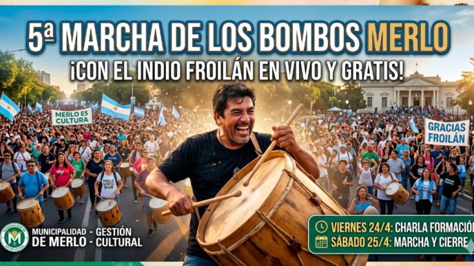 Multitudinaria 5ta Marcha de los Bombos en Merlo con el Indio Froilán, evento cultural gratuito.