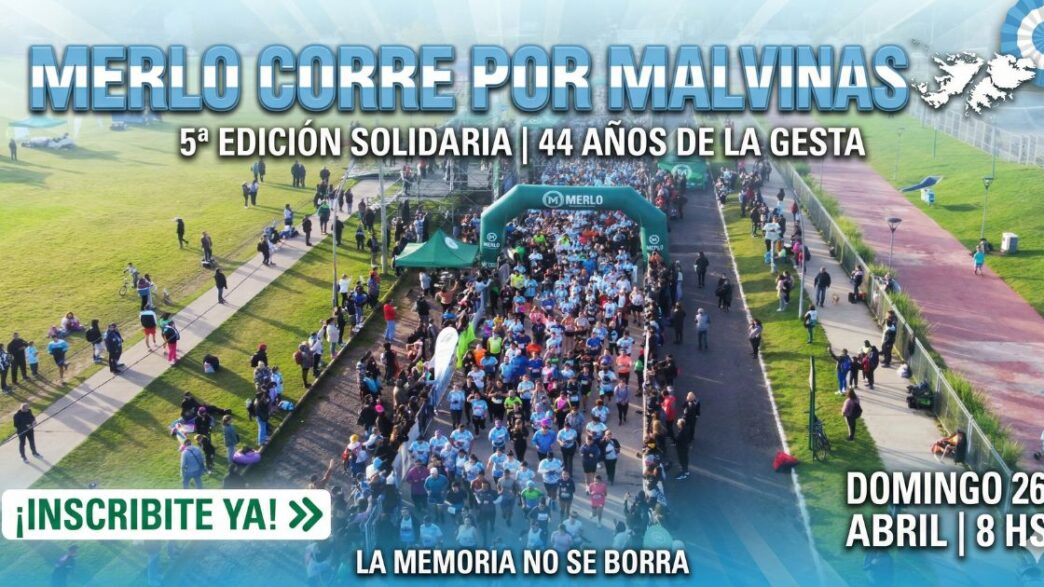 Multitud de vecinos participando en la carrera solidaria Merlo Corre por Malvinas 2026 en el Parque de la Unidad Nacional