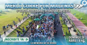 Multitud de vecinos participando en la carrera solidaria Merlo Corre por Malvinas 2026 en el Parque de la Unidad Nacional