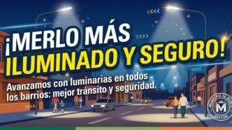 Operativo de arreglo y colocación de luminarias en Merlo para reforzar la seguridad en los barrios.