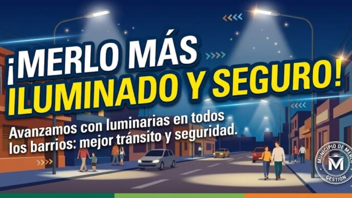 Operativo de arreglo y colocación de luminarias en Merlo para reforzar la seguridad en los barrios.