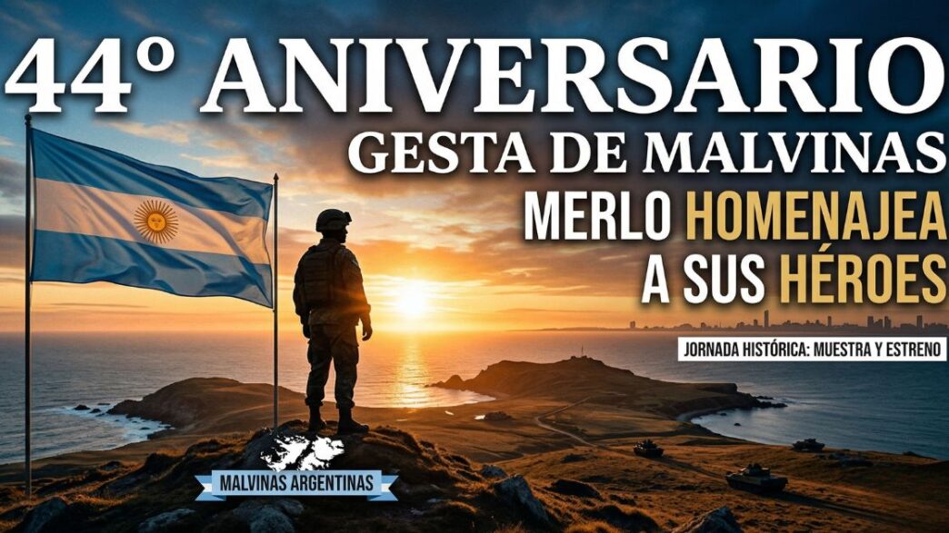 Soldado argentino mirando las Islas Malvinas al atardecer. Cartel del 44° Aniversario de la Gesta de Malvinas en Merlo. Homenaje a los héroes, cronograma de actividades, muestra histórica y estreno de película.