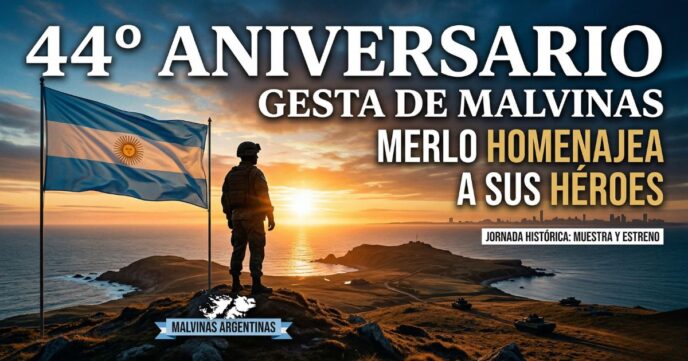 Soldado argentino mirando las Islas Malvinas al atardecer. Cartel del 44° Aniversario de la Gesta de Malvinas en Merlo. Homenaje a los héroes, cronograma de actividades, muestra histórica y estreno de película.