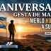 Soldado argentino mirando las Islas Malvinas al atardecer. Cartel del 44° Aniversario de la Gesta de Malvinas en Merlo. Homenaje a los héroes, cronograma de actividades, muestra histórica y estreno de película.