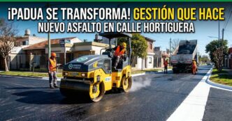 Máquinas municipales trabajando en las nuevas obras de pavimentación en la calle Hortiguera, San Antonio de Padua, Merlo.