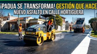 Máquinas municipales trabajando en las nuevas obras de pavimentación en la calle Hortiguera, San Antonio de Padua, Merlo.
