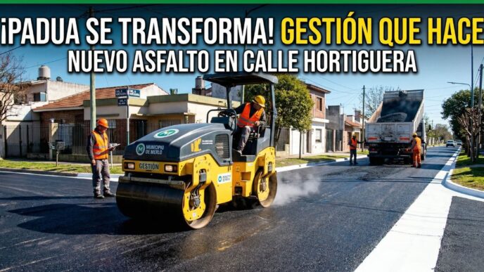Máquinas municipales trabajando en las nuevas obras de pavimentación en la calle Hortiguera, San Antonio de Padua, Merlo.