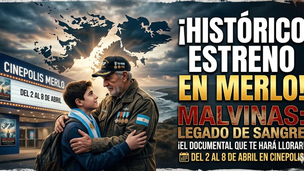 Veterano de Malvinas emocionado abraza a un joven frente a Cinépolis Merlo por el estreno del documental Legado de Sangre.