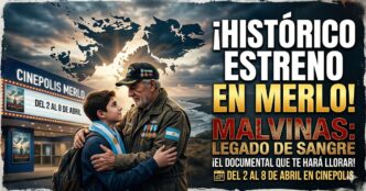 Veterano de Malvinas emocionado abraza a un joven frente a Cinépolis Merlo por el estreno del documental Legado de Sangre.