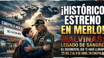 Veterano de Malvinas emocionado abraza a un joven frente a Cinépolis Merlo por el estreno del documental Legado de Sangre.