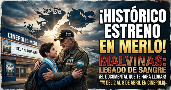 Veterano de Malvinas emocionado abraza a un joven frente a Cinépolis Merlo por el estreno del documental Legado de Sangre.