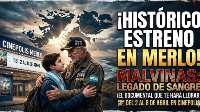 Veterano de Malvinas emocionado abraza a un joven frente a Cinépolis Merlo por el estreno del documental Legado de Sangre.