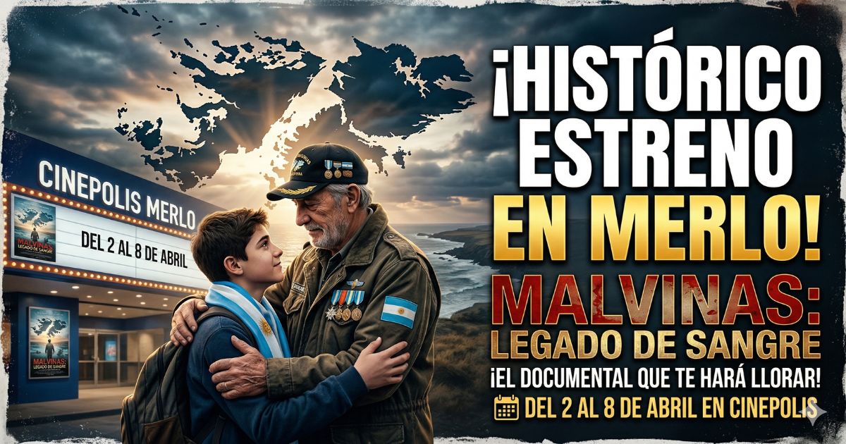 Veterano de Malvinas emocionado abraza a un joven frente a Cinépolis Merlo por el estreno del documental Legado de Sangre.