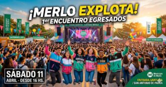 Multitud de jóvenes celebrando en el 1er Encuentro de Egresados en Merlo, Plaza de López, San Antonio de Padua. Evento de la Gestión Municipal con shows y gastronomía.