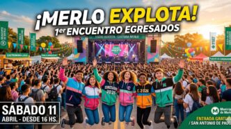 Multitud de jóvenes celebrando en el 1er Encuentro de Egresados en Merlo, Plaza de López, San Antonio de Padua. Evento de la Gestión Municipal con shows y gastronomía.