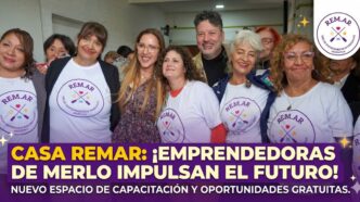Inauguración de Casa REMAR en Merlo: El Intendente Gustavo Menéndez y Roxana Monzón junto a emprendedoras locales impulsando la economía social.