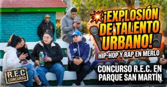 Jóvenes y familias disfrutando del concurso de Hip Hop y Rap R.E.C. en Parque San Martín, Merlo. Cultura urbana impulsada por la gestión de Gustavo Menéndez.