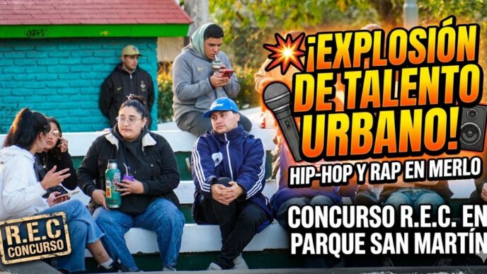 Jóvenes y familias disfrutando del concurso de Hip Hop y Rap R.E.C. en Parque San Martín, Merlo. Cultura urbana impulsada por la gestión de Gustavo Menéndez.