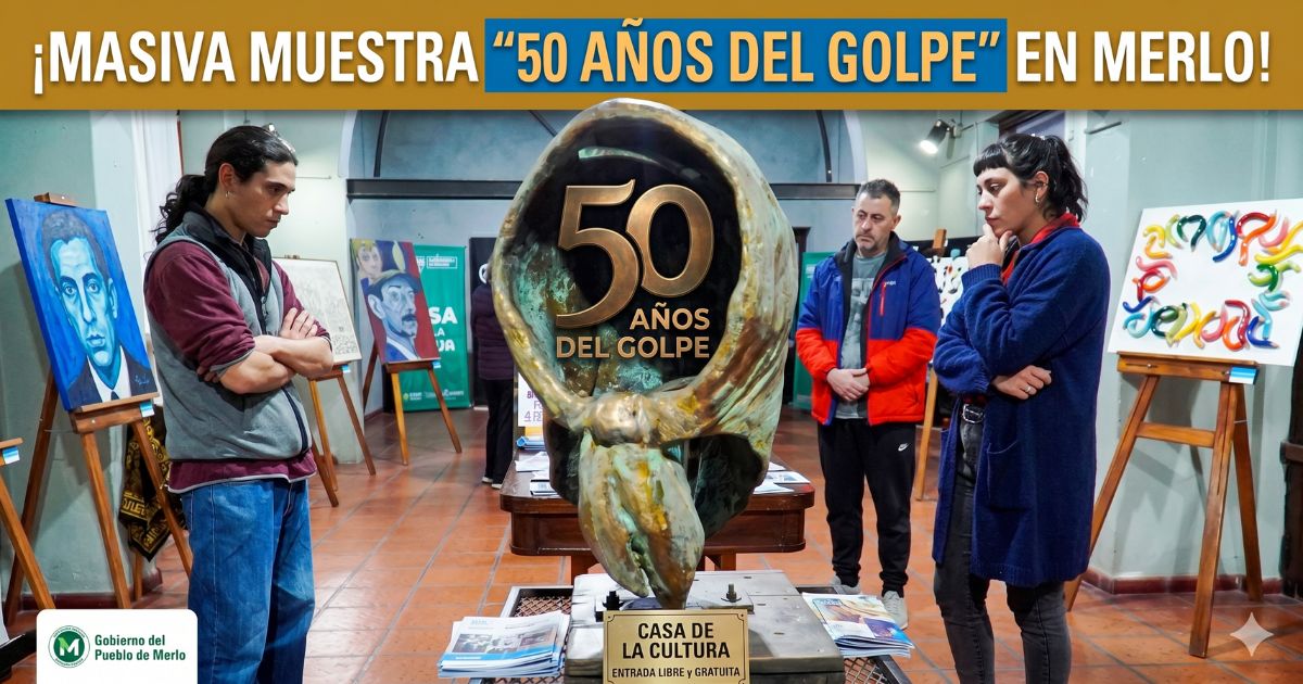 Vecinos en la exitosa muestra de arte por los 50 años del Golpe en la Casa de la Cultura de Merlo.