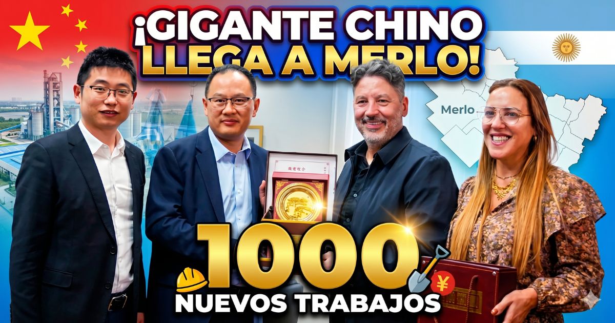 Intendente Gustavo Menéndez y Roxana Monzón junto a empresarios de Anhui Conch Cement anunciando 1000 empleos en Merlo.