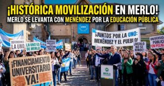 Intendente Gustavo Menéndez liderando la multitudinaria Marcha Universitaria en la UNO de Merlo defendiendo la educación pública frente al ajuste.