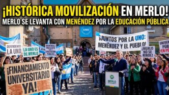 Intendente Gustavo Menéndez liderando la multitudinaria Marcha Universitaria en la UNO de Merlo defendiendo la educación pública frente al ajuste.