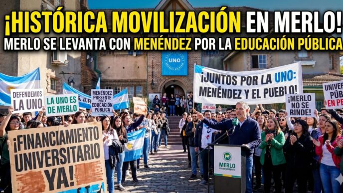 Intendente Gustavo Menéndez liderando la multitudinaria Marcha Universitaria en la UNO de Merlo defendiendo la educación pública frente al ajuste.